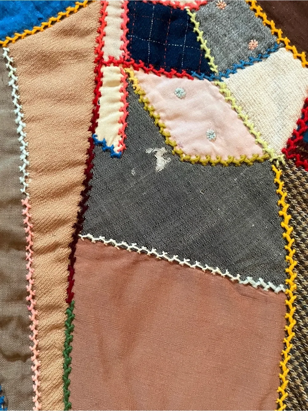 VTG Hand Pieced Embroidered Scrap Crazy 76 x 80 Quilt Farmhouse Primitive